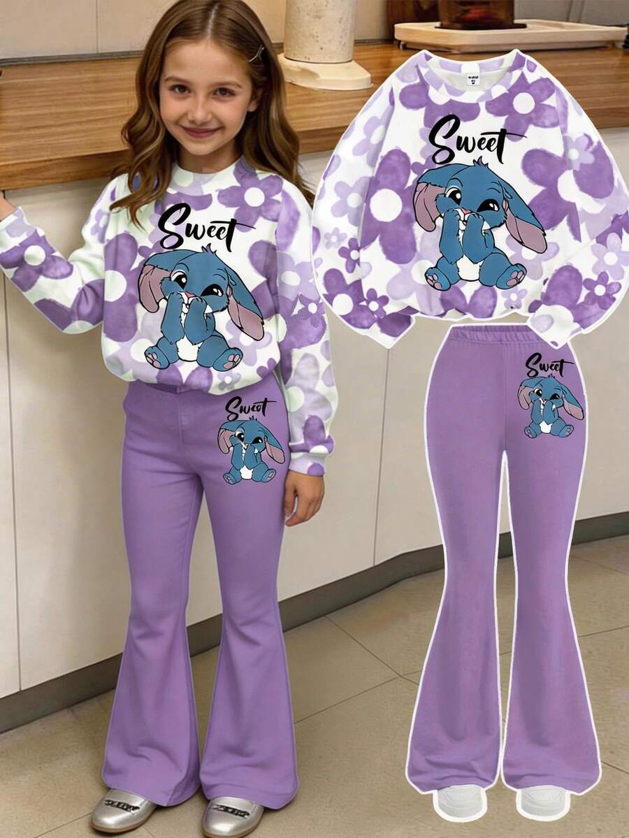 Set de 2 piezas de sudadera de manga larga con cuello redondo de ajuste holgado con estampado floral degradado morado y conejo azul de estilo kawaii para niña, adecuado para otoño/invierno, vuelta al colegio, estilo 2000, ropa Y2K - Multicolor - Ver 1