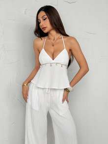 SHEIN PETITE Ensemble décontracté et élégant pour femmes/Top décoré de coquillages/Top à bretelles croisées dans le dos/Ensemble d'été/Ensemble blanc/Ensemble sexy - Blanc - Voir 6