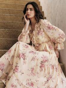 Anewsta New Arrival Spring/Summer Romantic Flowy Deep V-Neck Ruffle Hem Floral Print Maxi Dress For Women - Apricot - View 4