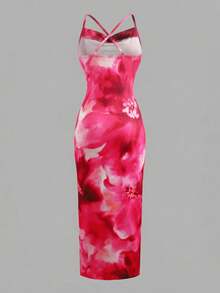 SHEIN 少女印花吊带开衩连衣裙，休闲水墨花卉图案修身长裙，适合夏季度假 - 彩色 - 查看 2
