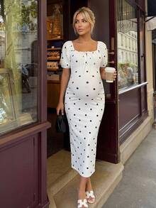 MaterniWear Elegant Polka Dot Print Tie-Front Dress For Pregnant Women, Perfect For Afternoon Tea, Office Wear, Dates, And Other Occasions. - White - View 3