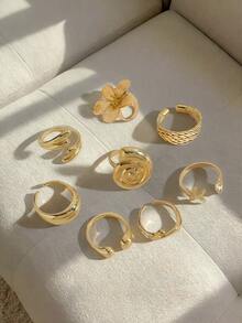 Resyla 8件套复古光滑素圈戒指，波西米亚海星个性化戒指，时尚戒指 - 金色 - 查看 5