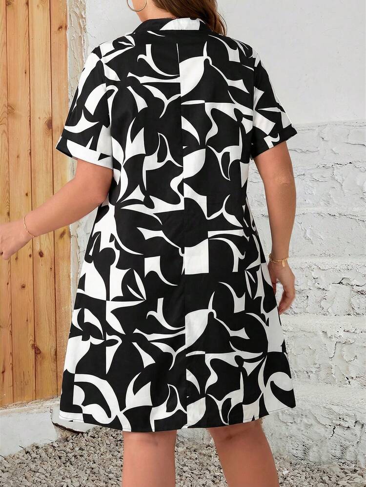 Plus Size Women Geometric Pattern Short Sleeve Dress, Summer