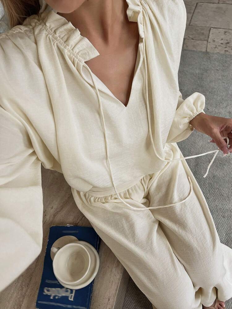 Women's Solid Color Ruffle Trim Long Sleeve Shirt And Pants Casual 2 Pieces Set