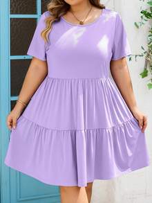 SHEIN CURVE+ 大码休闲纯色短袖连衣裙，夏季 - 紫色 - 查看 3