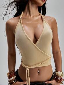 TypaGal 女士纯色深V领露脐吊带上衣 - 黃色 - 查看 6