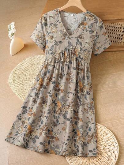 EMERY ROSE 女士 V 领短袖花卉印花简约休闲短款迷你连衣裙