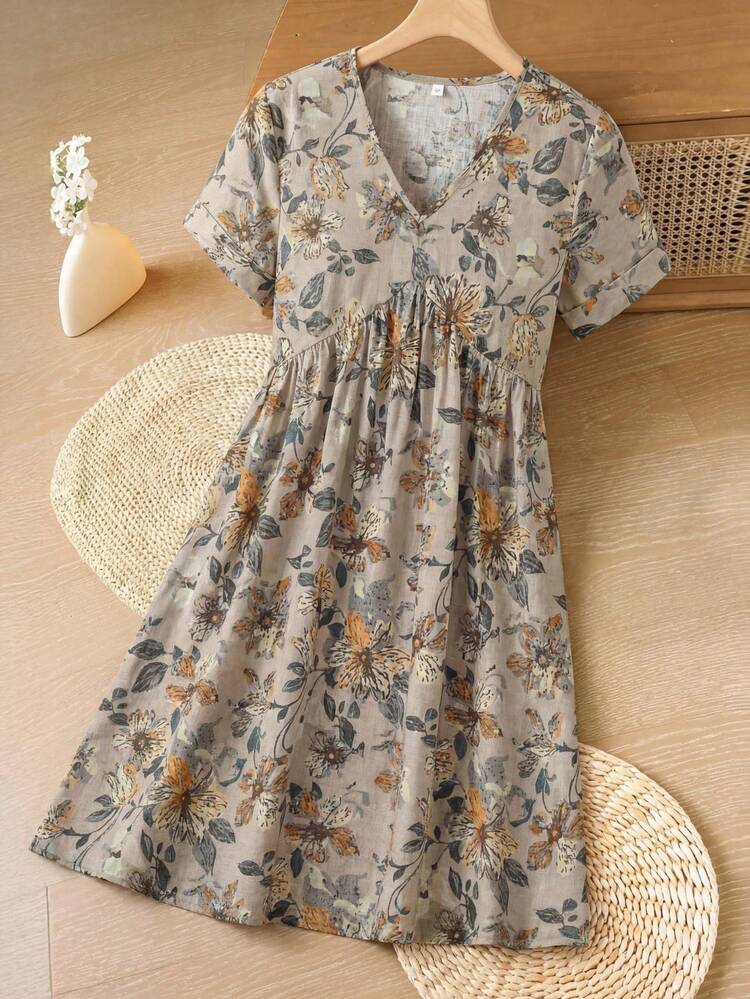 Women V-Neck Short Sleeve Floral Print Simple Casual Short Mini Dress,Vacation Outfits Women