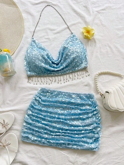 Soleia Bộ váy 2 mảnh cạp thấp đính sequin và đá lấp lánh, tua rua, kiểu dáng gợi cảm, thích hợp cho tiệc tùng, hẹn hò, hộp đêm, bãi biển, du thuyền, tiệc trà chiều, phong cách Bohemian, Boho, kỳ nghỉ, trang phục mùa thu dành cho nữ, phong cách vintage.