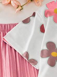Girls Back To School Floral Wide Leg T-Shirt Pants /Set All-Over Print High Soft Cotton Round Neck - Pink - View 3