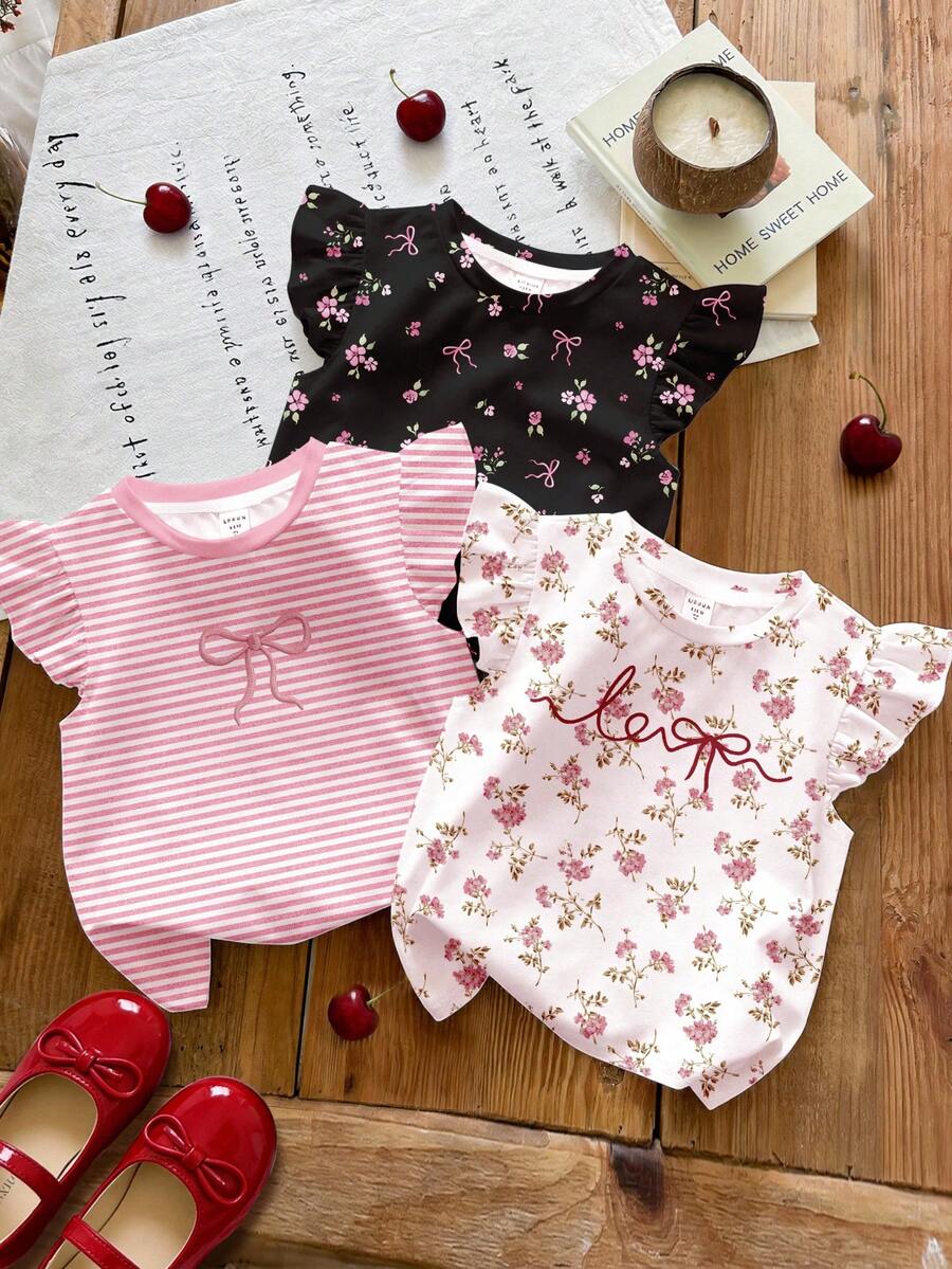 SHEIN Set di 3 pezzi top estivi per ragazze giovani, maglietta bianca con stampa floreale & rosa a righe con fiocco, maglietta vintage da ballerina con maniche a volant e collo rotondo, moda kawaii Y2K - Multicolore - Visualizzare 1