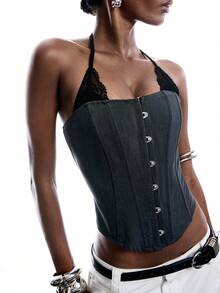 LYSMO Women's Contrast Lace Front Button Halter Neck Camisole - Light Grey - View 4