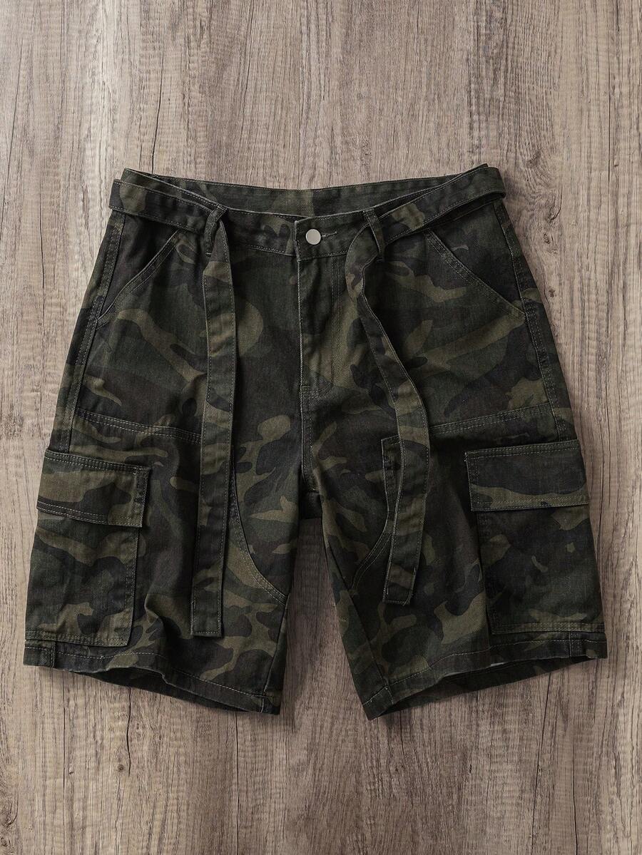 Manfinity Joysei 男士休闲工装迷彩牛仔短裤，街头时尚风格 - 軍綠色 - 查看 1