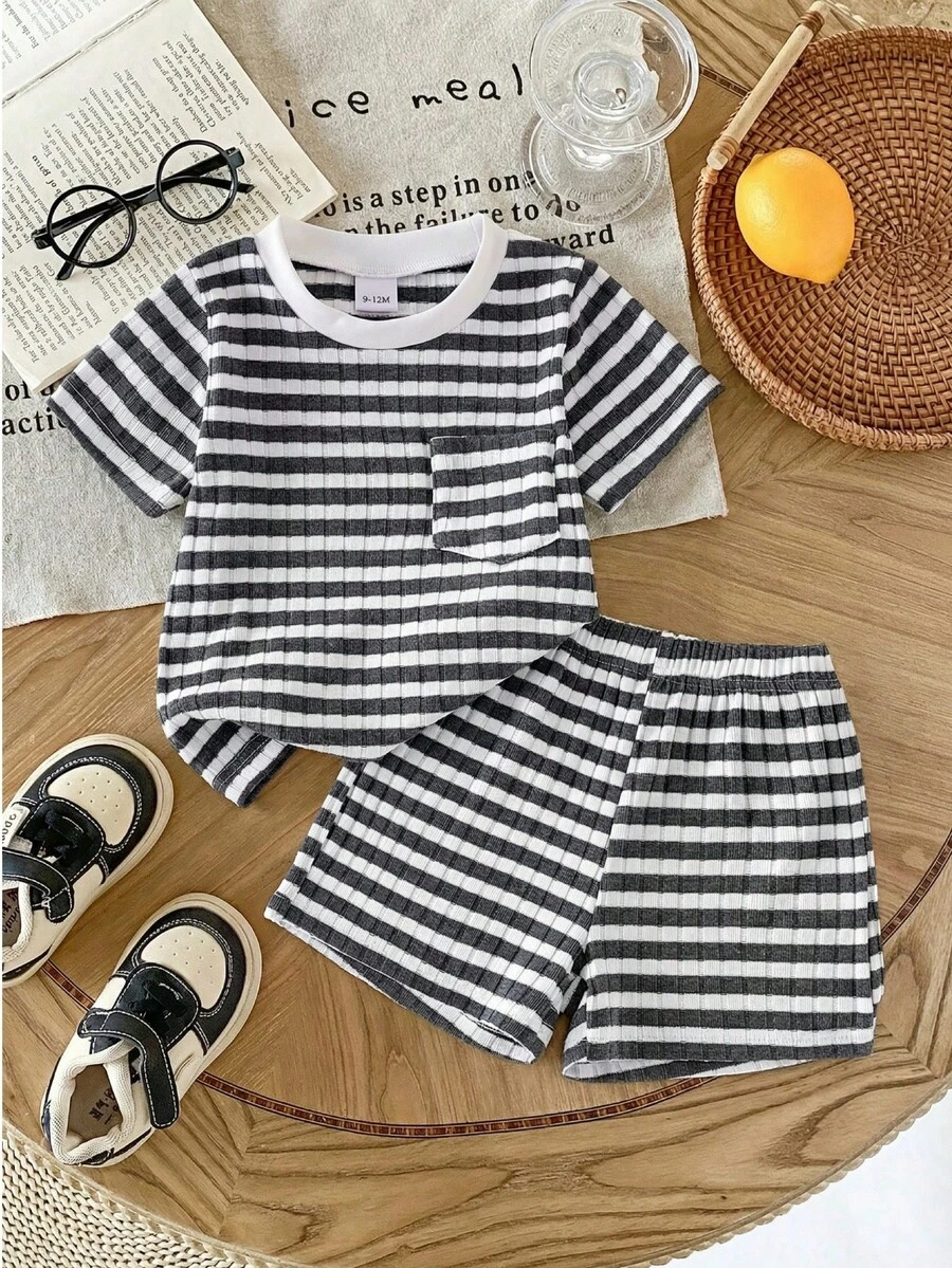 SHEIN 2pcs Toddler Infant Baby Boys Fashion Black & White Striped Waffle Knit Fabric Pocket Round Neck Short Sleeve T-Shirt And Black Elastic Waist Shorts Set, Summer Baby Summer Outfit Boy Baby Boy Summer Clothes Toddler Summer Outfits Baby Boy Striped Outfit Matching Striped Set Two Piece Summer Sets Toddler Set Stripe Set - Black and White - View 1