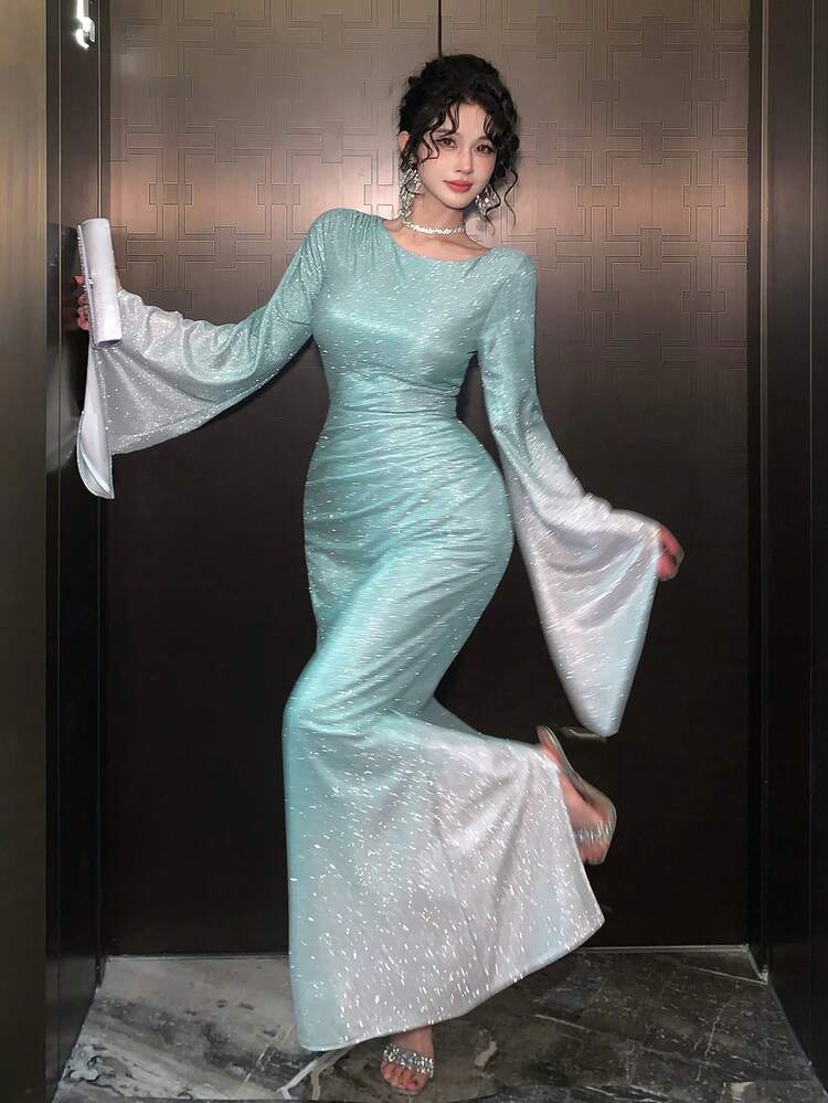 Spring & Summer Shiny Valentine's Day, Wedding, Banquet, Prom Dress, Fashion Party Elegant Waist Gradient Tie Dye Flare Sleeve Mermaid Dress, Luxury