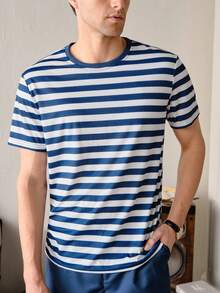 VeloEdit Navy Blue Color Men's Striped Print Round Neck Short Sleeve Casual T-Shirt Old Money, With Contrast Binding, Partywear & Boyfriend Summer - Navy Blue - View 9