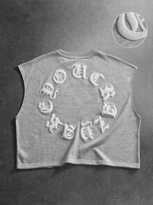 Manfinity Roghcode 男士休閒圓領刺繡字母壓花背心，日常穿著，度假 - 灰色 - 查看 1