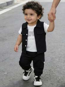 SHEIN 3pcs Baby Boy Casual Cool Sports Letter Print Short Sleeve T-Shirt, Button-Up Vest Jacket And Cargo Pants Set, Spring/Summer/Autumn - Black and White - View 9