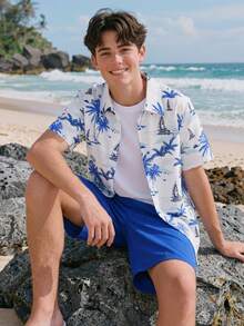 SHEIN Vacaura 2pcs Casual Versatile Beach Vacation Style Coconut Tree Print Digital Shirt + Shorts Set, Suitable For Daily Commute And Outdoor Wear, Teenagers - Royal Blue - View 4