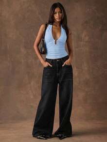 SHEIN BAE Women's Solid Color Deep V Neck Pleated Halter Camisole - Baby Blue - View 5