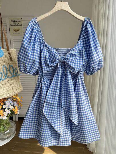 Comfortcana 大码夏季度假蓝白格子花瓣袖系带连衣裙