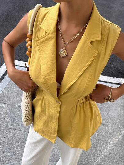 Livesso Áo sơ mi nữ dáng suông tối giản màu trơn, cổ ve lật, eo chun, vạt peplum, thích hợp mặc đi làm hoặc dạo phố, mùa hè.