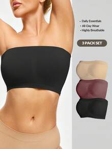 3pcs Women's Solid Pleated Bandeau Bra Set - Multicolor - View 3