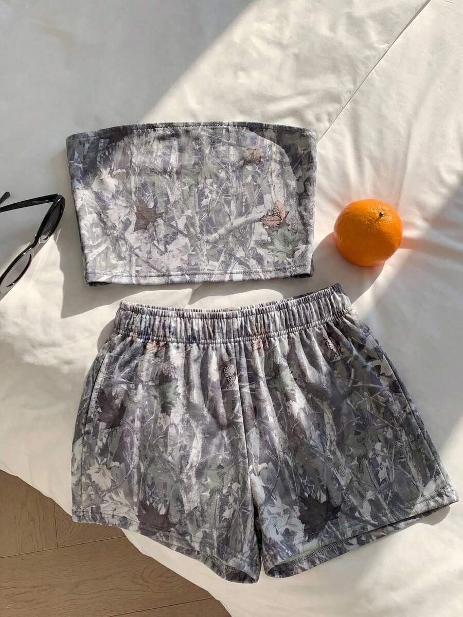 Comfortcana Bộ đồ thường ngày 2 mảnh dành cho nữ: Áo quây in họa tiết toàn thân và quần short. - Xám - Xem 1