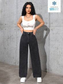 Flirla 女士宽松口袋阔腿休闲百搭牛仔裤 - 黑色 - 查看 3