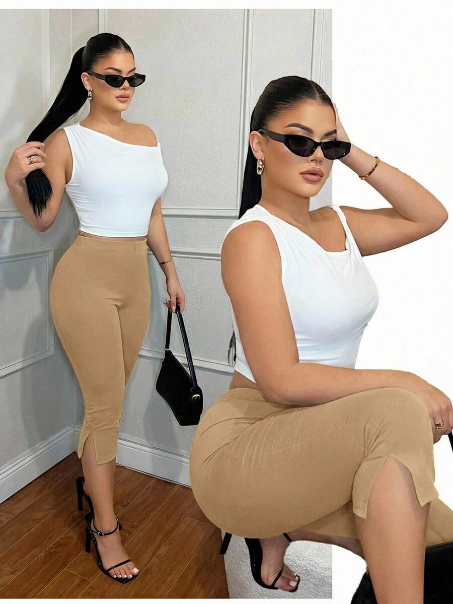 SHEIN SXY 女士休闲通勤极简纯色开衩七分紧身裤 - 卡其色 - 查看 1