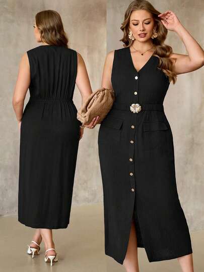 Roveilla 大码女装春夏法式优雅奢华简约时尚设计休闲度假工作装复古风舒适纯色亚麻质感面料V领仿门襟金属纽扣装饰弹力腰带收腰H字型无袖长裙