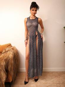 Bare Chapter Women's Sexy Gray Leopard Print Mesh Nightgown + G-String 2 Pieces Set - Multicolor - View 3