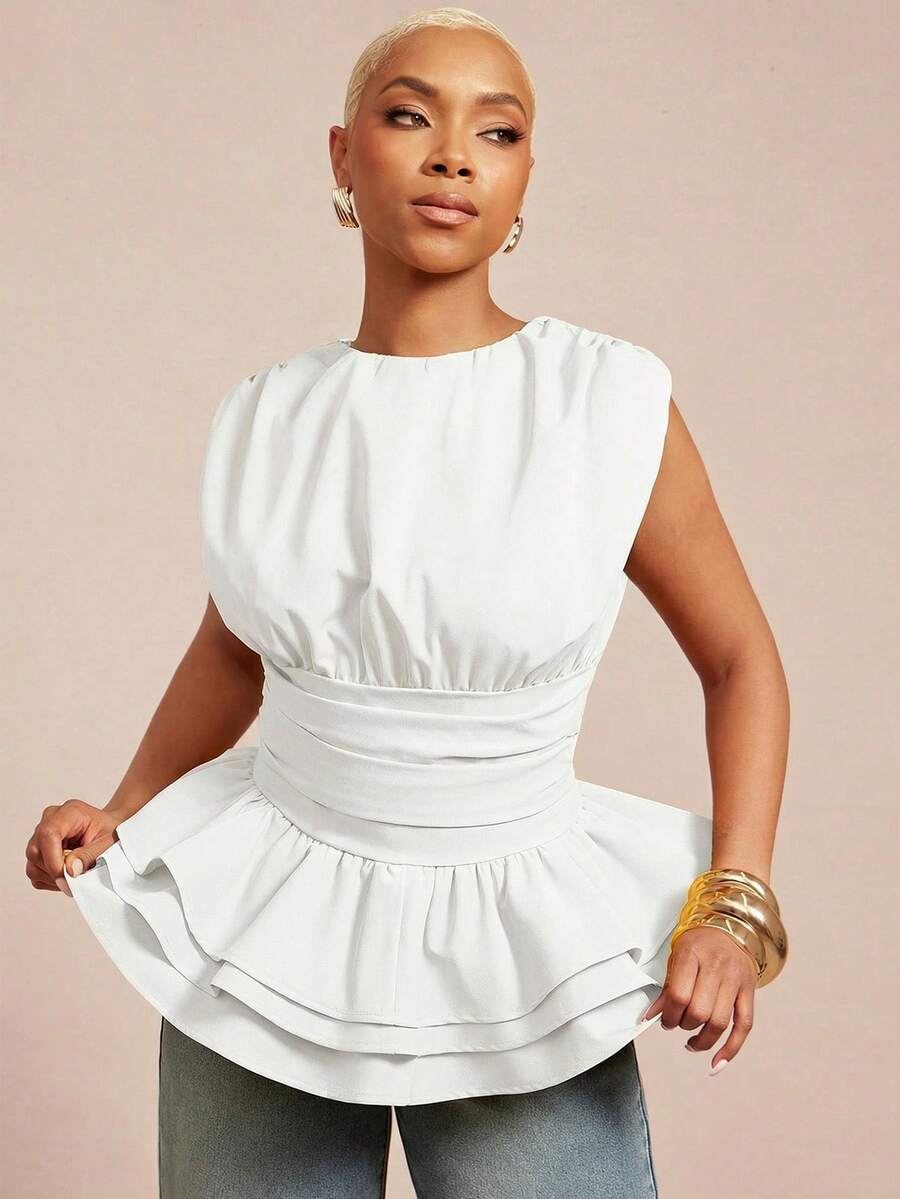 Vixey Solid Woven Round Neck Ruched Sleeveless Layered Peplum Hem Top - White - View 1