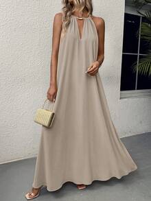 EMERY ROSE Gaun Maxi Wanita Warna Polos Sederhana untuk Pakaian Sehari-hari, Model Leher Ayun dan Halter, Cocok untuk Liburan Pantai, Pakaian Khaki Musim Panas yang Elegan - Light Grey - View 4