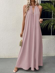 Hotletica Robe longue à col ras-du-cou simple et unie pour un port quotidien, tenue de vacances et de plage - Vieux Rose - Voir 7