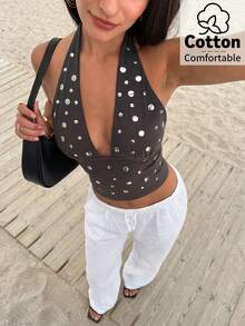 Firerie Áo kiểu nữ màu đen trơn mới, hở lưng, đính đinh tán, cổ chữ V sâu gợi cảm, thích hợp mặc đi nghỉ mát, dự lễ hội âm nhạc, mùa xuân/hè, quyến rũ, hẹn hò, dự tiệc, lễ hội âm nhạc, phong cách Boho, du lịch, Bohemian, bãi biển, Hawaii - Màu xám đen - Xem 5