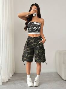 SHEIN PETITE 女士迷彩图案工装口袋宽松休闲牛仔百慕大短裤 - 軍綠色 - 查看 6