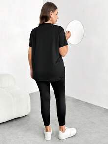 Enliva Plus-Size Women's Sommar Black Casual Gym Short-Sleeved T-Shirt And Leggings 2 Pieces Set,Comfortable Sportswear For Apple And Rounded Body - Black - View 2