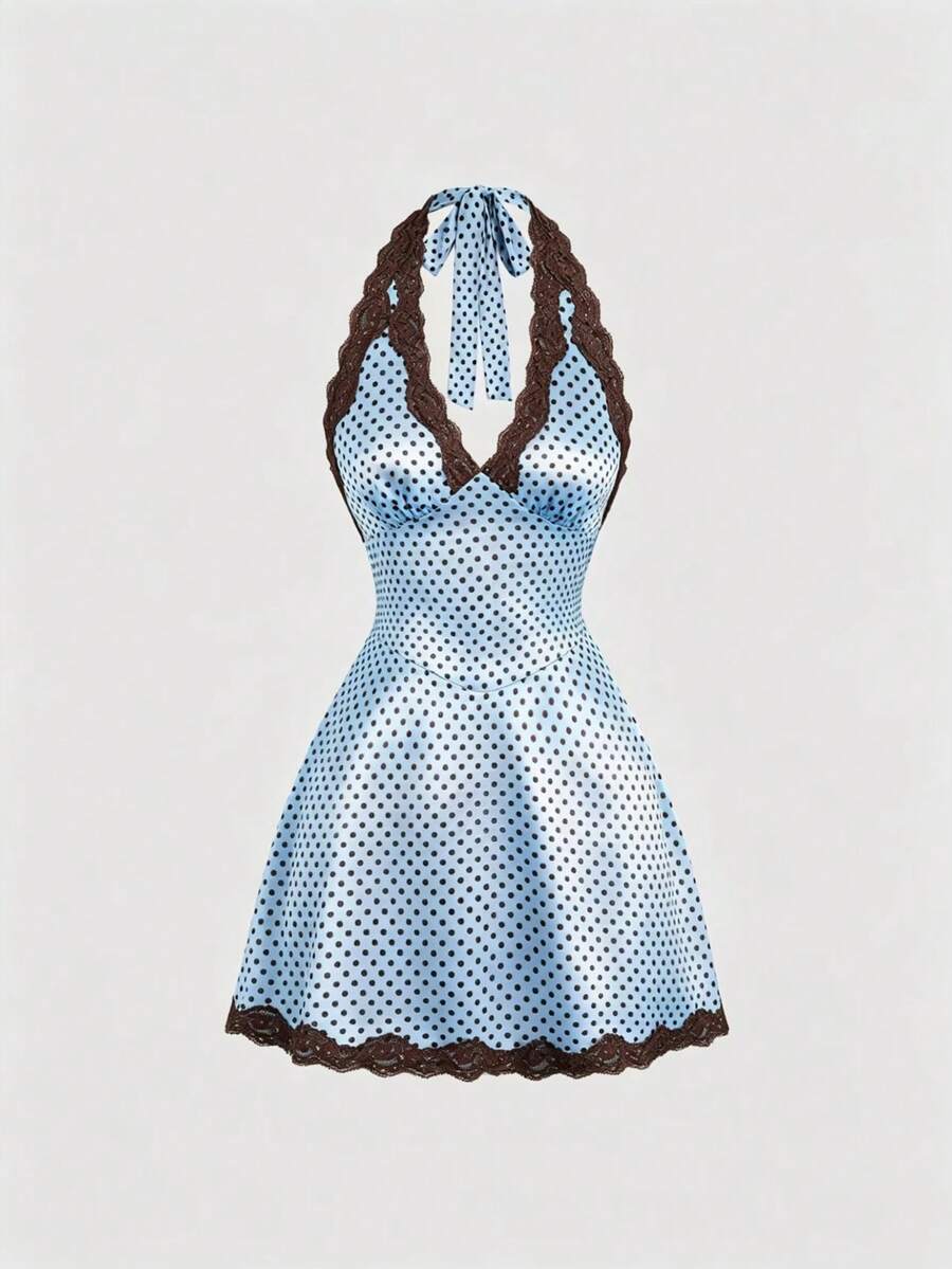 Sweetra 女士夏季V领无袖连衣裙，波点印花，蕾丝边饰，喇叭下摆，湖蓝色和棕色 - 淺藍色 - 查看 1