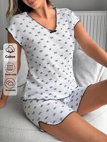 SHEIN 棉质罗纹针织白色上衣，饰以藏蓝色丝带和花卉图案，V领无袖上衣搭配开衩短裤，家居舒适两件套女士睡衣，夏季适用 - 白色 - 查看 4