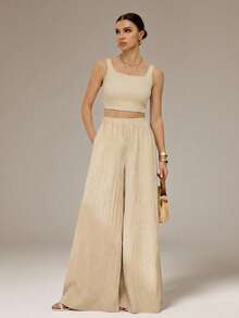 SHEIN Tall Casual Khaki Two Piece Outfit For Women With Scoop Neck Camisole Top And Long Plain Woven Pants Set Tall Two Piece Set Two Piece Set Linen Two Piece Set Beige Two Piece Set - Khaki - View 4