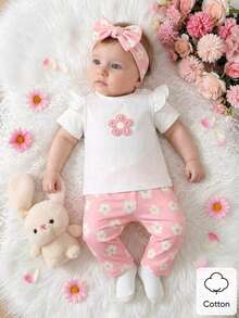 SHEIN 0-9M Newborn Baby Girl Summer Outfit Cute White Round Neck Short Sleeve T-Shirt And Floral Pants Set Sweet Infant Comfortwear For Baby Shower - Pink - View 5