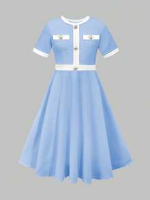 Tween Girl Retro Chic Color Block Short Sleeve Dress,High Waist Snug Fit Gold Button Accent Light Blue And White Summer Elegant Party Back-To-School - Blue - View 9