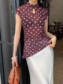 EastFlair Áo kiểu nữ tay ngắn in chấm bi, chất liệu mỏng, gợi cảm. - Cà phê nâu - Xem 9