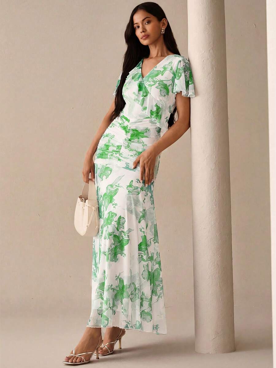 Lilora 优雅休闲通勤褶皱印花连衣裙,都市风蓝色花卉荷叶边袖长裙,都市休闲,浪漫优雅,外出必备 - 綠色 - 查看 1