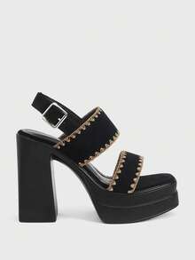 Sugerpunk Women's Fashionable And Sexy Peep-Toe Open-Toe High-Heeled Sandals, Punk-Style Gothic Elegant Embroidered Double Straps, Adjustable Elastic, Metal Buckle Decoration, Thick Waterproof Platform, Chunky Heel, Spring/Summer Nightclub Party/Festival Slip-On Women's Shoes. Summer Shoes Y2K - Black - View 1