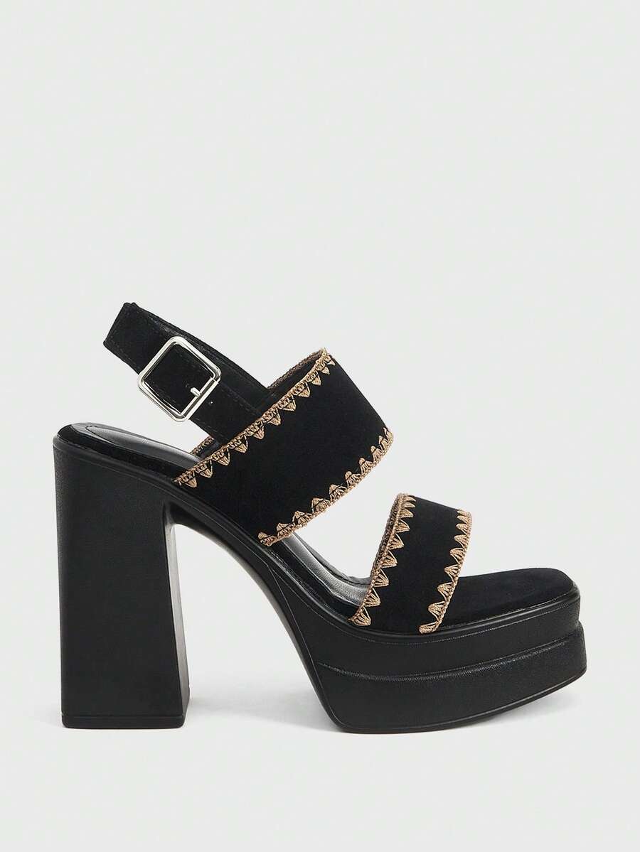 Sugerpunk Women's Fashionable And Sexy Peep-Toe Open-Toe High-Heeled Sandals, Punk-Style Gothic Elegant Embroidered Double Straps, Adjustable Elastic, Metal Buckle Decoration, Thick Waterproof Platform, Chunky Heel, Spring/Summer Nightclub Party/Festival Slip-On Women's Shoes. Summer Shoes Y2K - Black - View 1