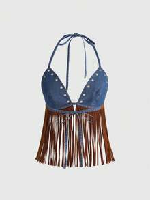 ROMWE Áo croptop denim tua rua phong cách retro hippie dành cho nữ, thích hợp cho các lễ hội âm nhạc. - Nhiều màu - Xem 2