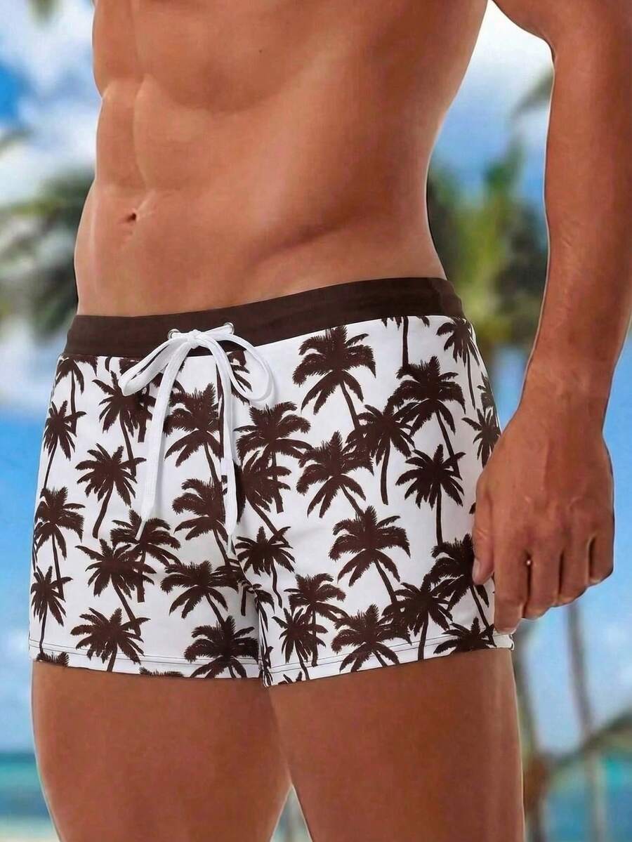 Surfspeed Men's Tropical Coconut Tree Print Drawstring Waist Casual Beach Holiday Pool Party Vacation White Summer Swim Trunks,Bathing Board Shorts Swimwear - Multicolor - View 1