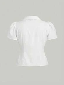 SHEIN MOD 大码女式V领荷叶边喇叭袖衬衫，收腰设计，黑色，女巫风服装，纽扣衬衫，演唱会女装，服装，机场女装，短袖衬衫 - 白色 - 查看 2